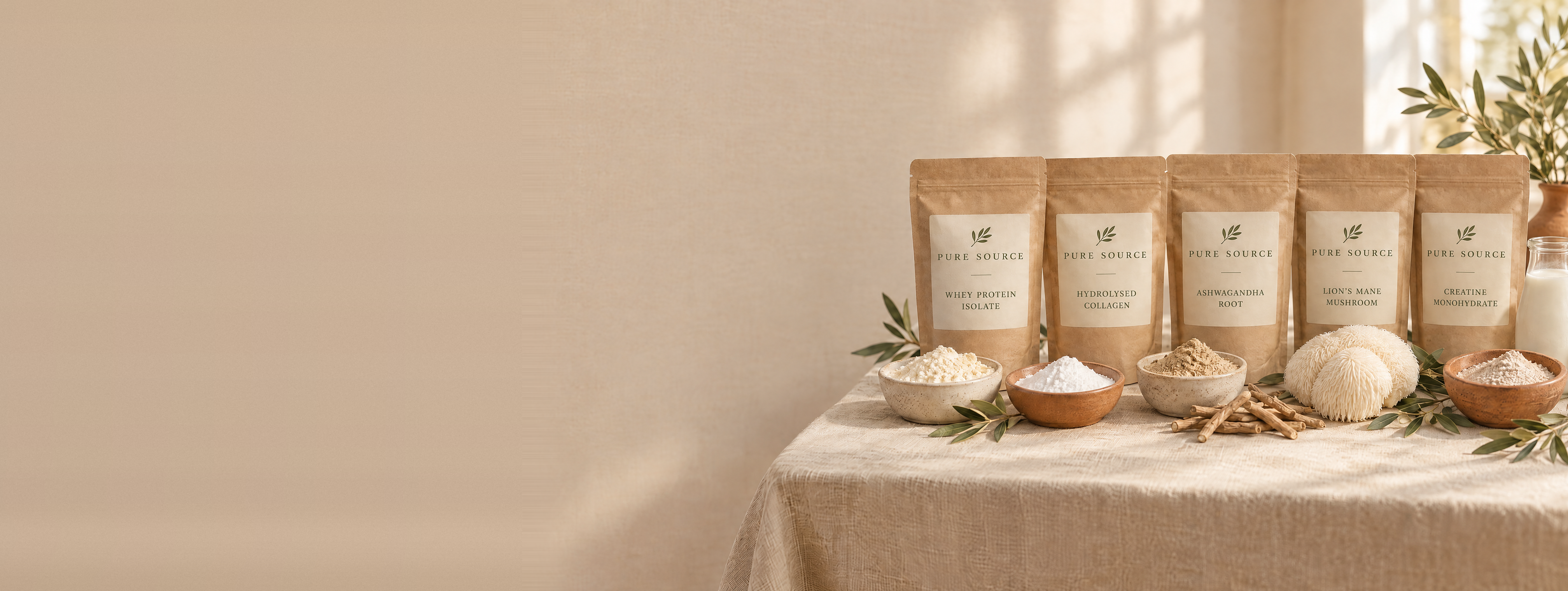 Pure Source natural supplement powders in kraft pouches, with raw ingredients